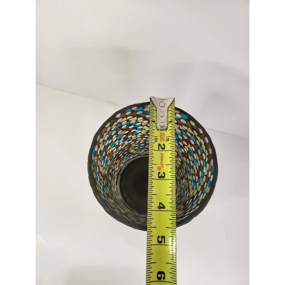 Mosaic Glass Cylinder Vase Blue Amber Gold Geometric Tile Candle Holder 8in